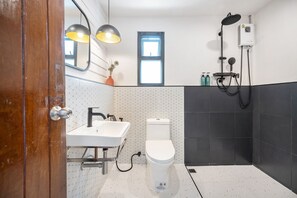 Shower, hair dryer, bidet, towels