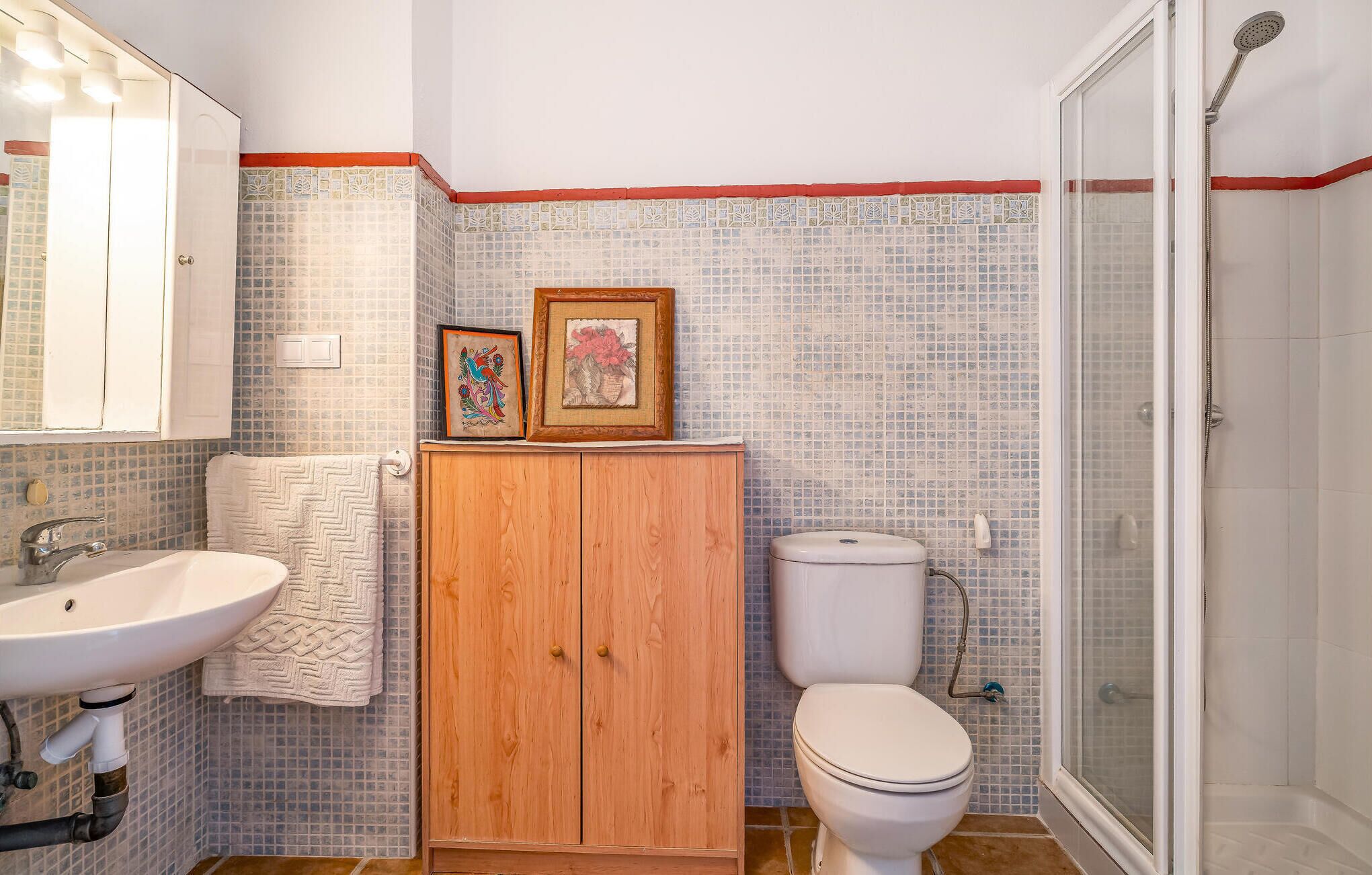 Un baño con lavamanos, inodoro, armario de madera y zona de ducha.