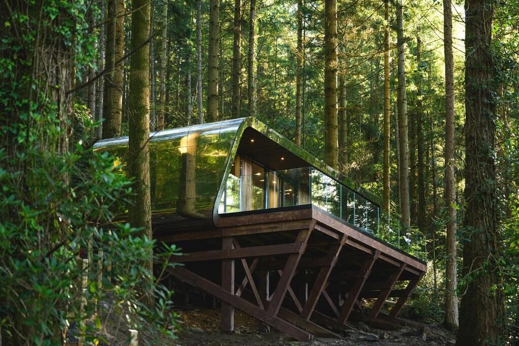 Una baita con tetto in vetro situata in una foresta.