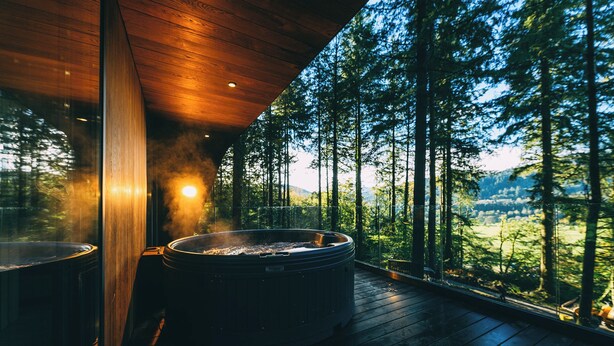 A hot tub on a wooden deck with a forest view. - Forest Lodges (Betws-Y-Coed)