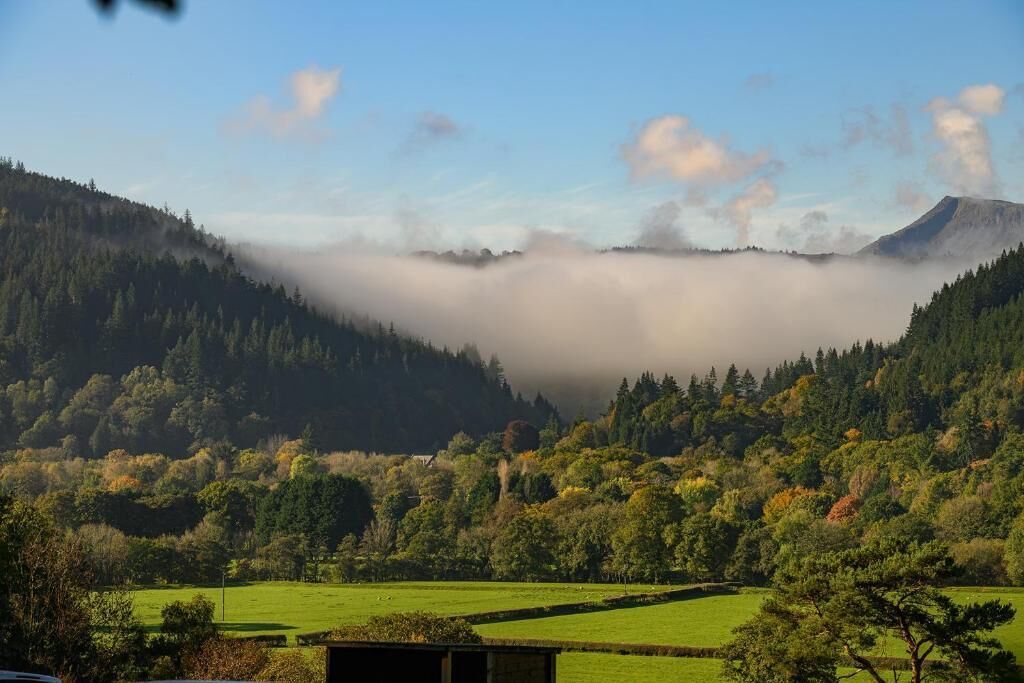 A mountainous landscape with a valley covered in trees and a small building in the foreground.