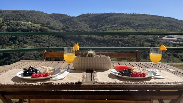 Ein Tisch mit Obst, zwei Gläser Orangensaft und einem Kakteen-Zentralstück auf einem Balkon mit Blick auf die Berge.