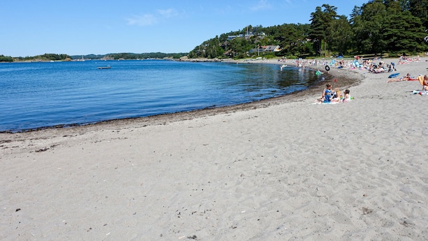 Ein Strand mit klarem, blauem Wasser, sandigem Ufer und einigen entspannten Personen.