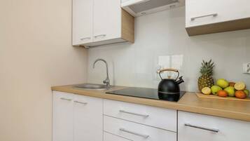 Fridge, microwave, stovetop, electric kettle