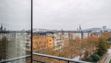 Stadsgezicht vanuit een hoog gebouw met een glazen raam, met herfstbomen en verschillende gebouwen.