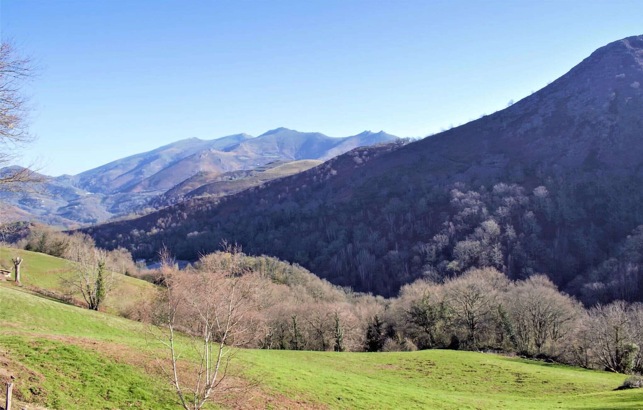 A mountainous landscape with a valley and a grassy foreground.