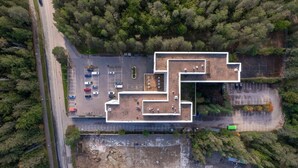 Vista aérea de un estacionamiento con múltiples filas de coches, rodeado de un bosque denso.