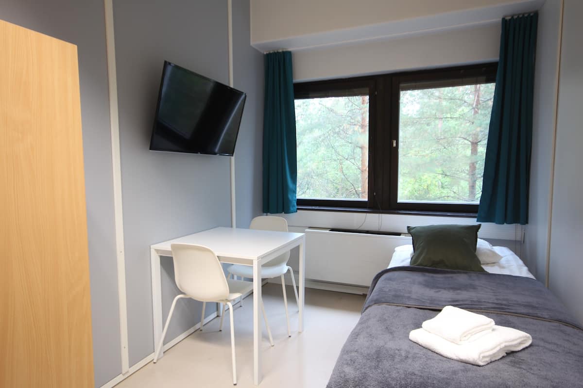 A room with a bed, a desk, a chair, a TV, and a window with curtains.