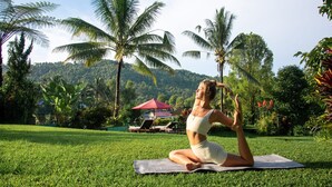 A person performing yoga on a mat in a grassy area with palm trees and a mountain in the background. - Amartya Puri Green Cottages (Munduk)