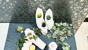 A table set with various items including plants, candles, and decorative plates, arranged on a blue tablecloth. - Park Guest House (Kowloon)