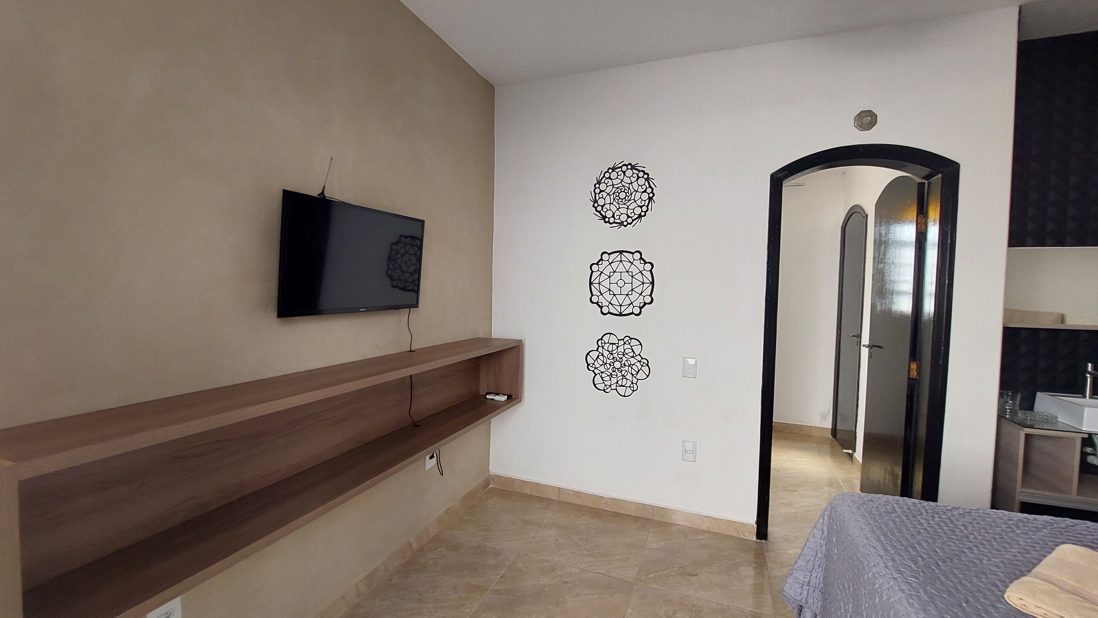 Individually decorated, desk, laptop workspace, iron/ironing board