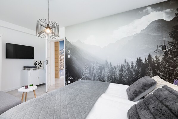 公寓, 1 间卧室, 壁炉, 山景 | 1 多间卧室、床单