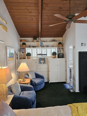 1 bedroom, desk, iron/ironing board, travel cot