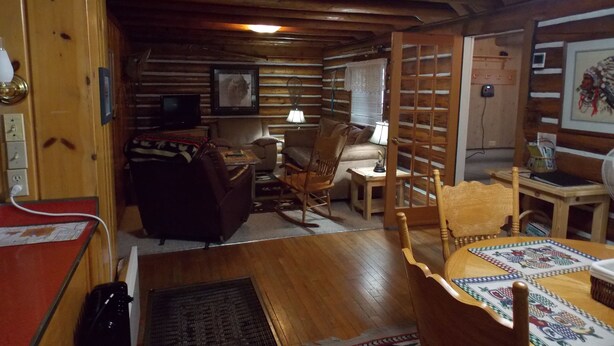 A cozy cabin interior with a wooden ceiling, a sofa, a chair, a small table, and a lamp.