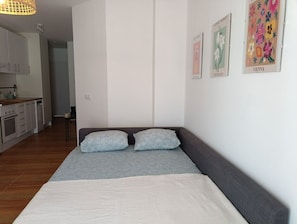 1 bedroom, desk, iron/ironing board, travel cot