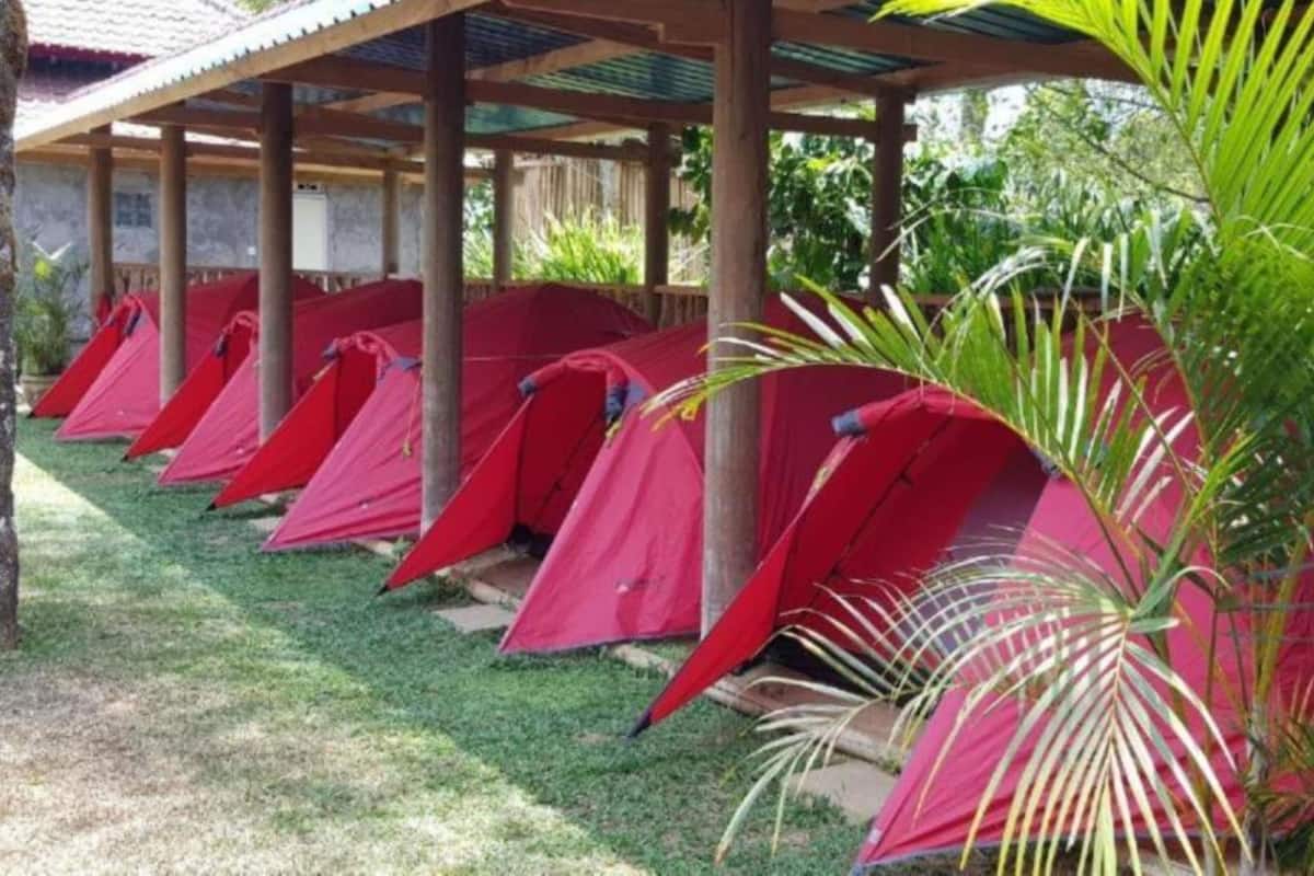A row of red tents under a covered area with a tiled roof, surrounded by greenery.
