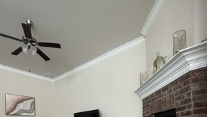 Un salon avec une cheminée, un téléviseur, un canapé, une table basse et un ventilateur de plafond.