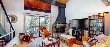 Televisión, chimenea, reproductor de DVD, libros