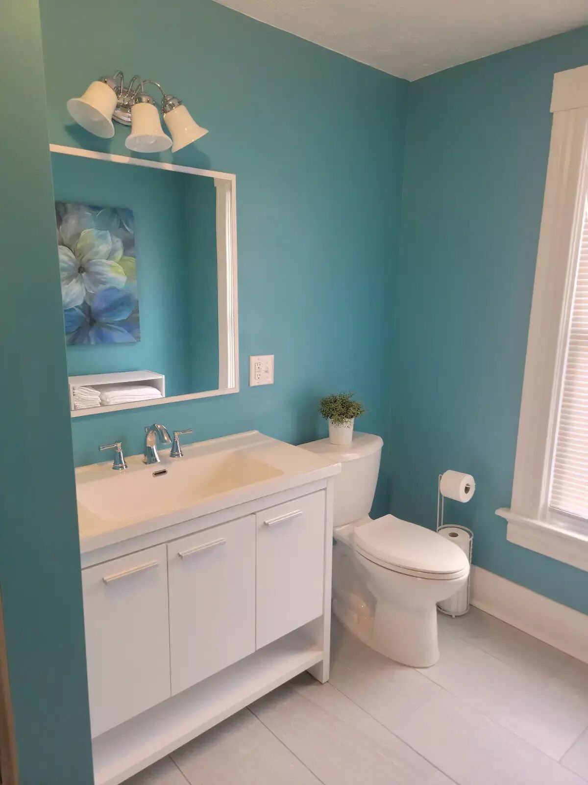 Une salle de bain avec des murs de couleur turquoise, un lavabo blanc et des toilettes. Il y a un miroir au-dessus du lavabo, une plante en pot sur les toilettes et une fenêtre avec des stores.