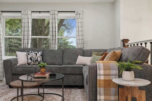 TV, fireplace, books, offices