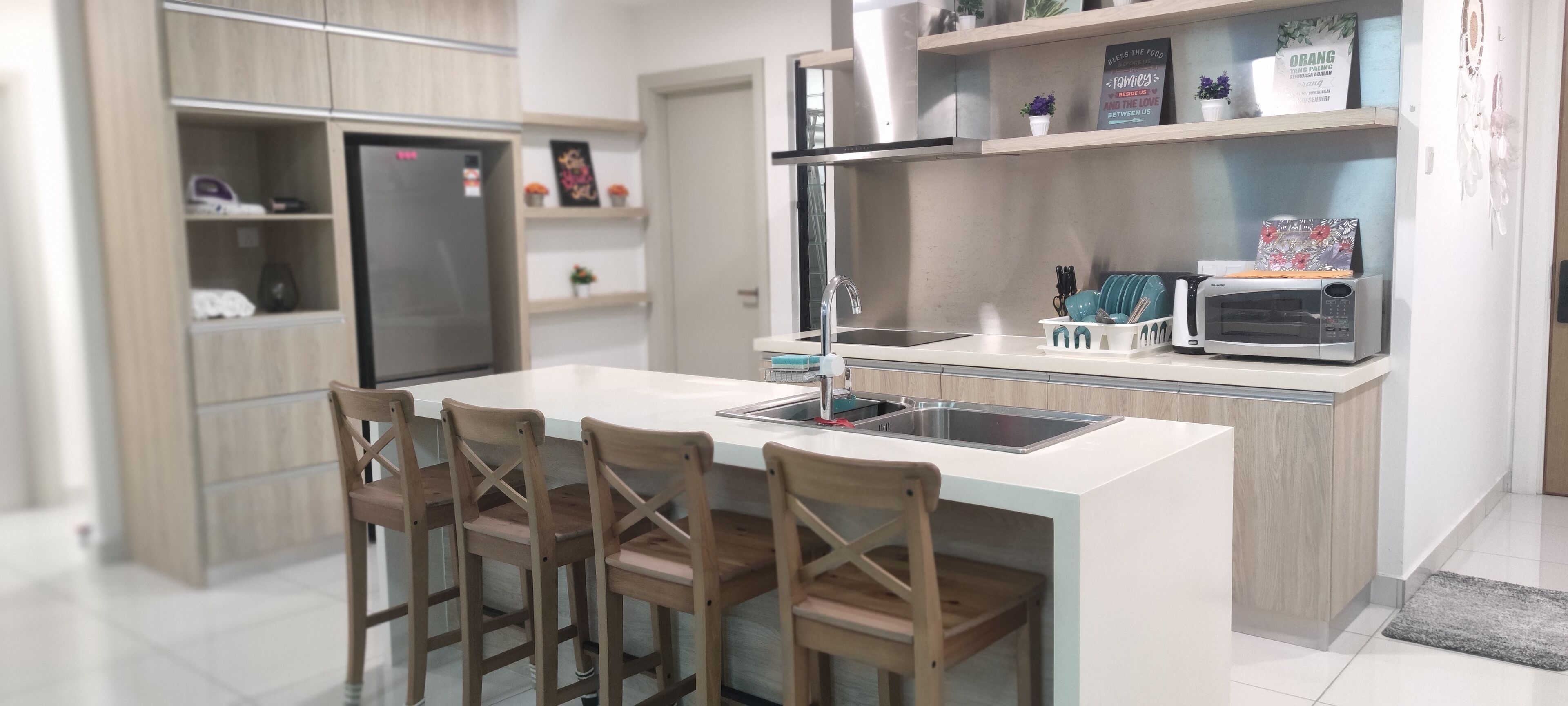 Fridge, microwave, electric kettle, cookware/dishes/utensils