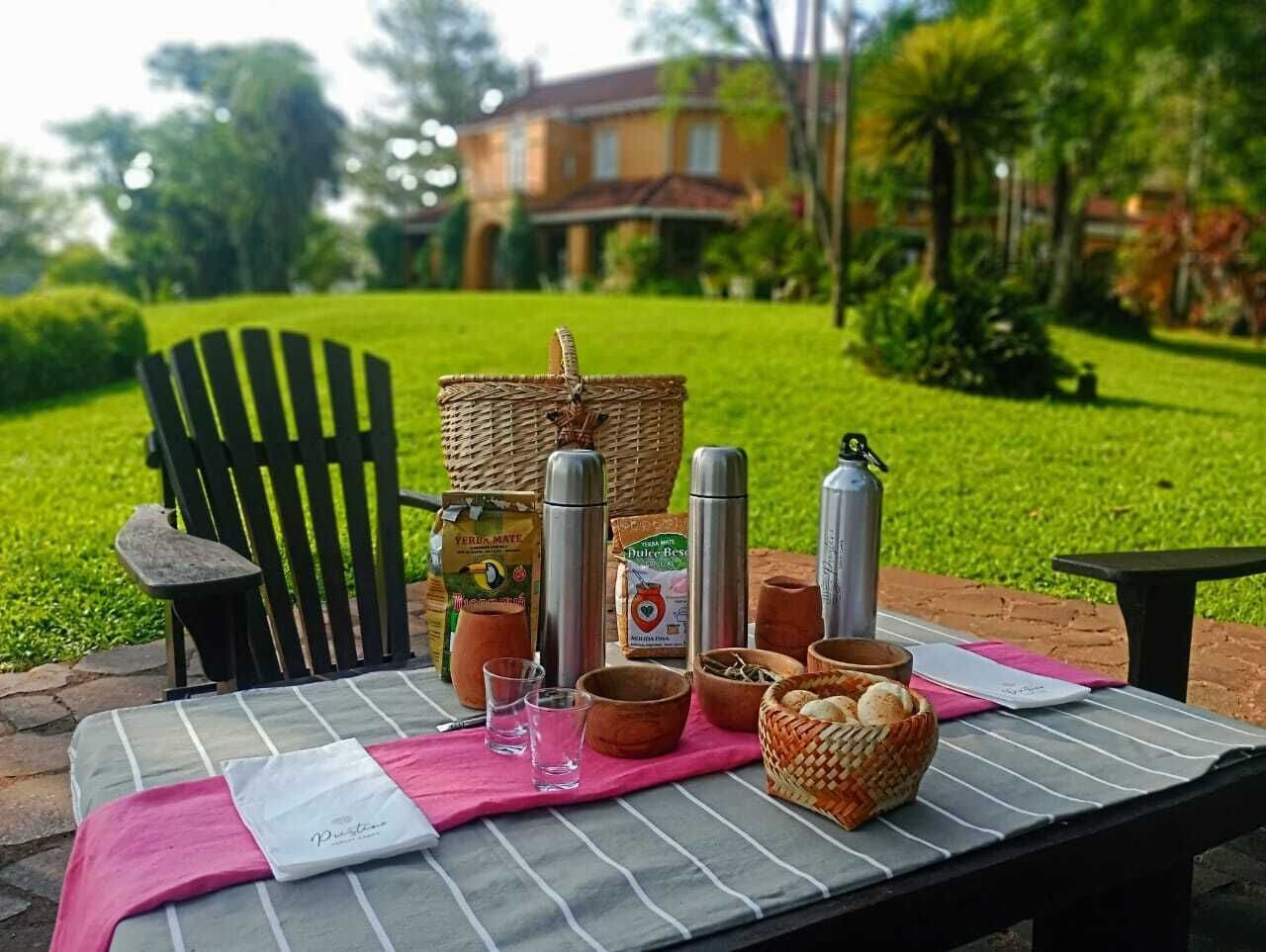 Un montaje para picnic con una mesa, sillas y diversos alimentos y bebidas en un área cubierta de césped, con una casa al fondo.