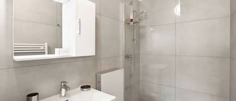Standard Studio, Mountain View (View and Art) | Bathroom | Shower, hair dryer, towels, soap