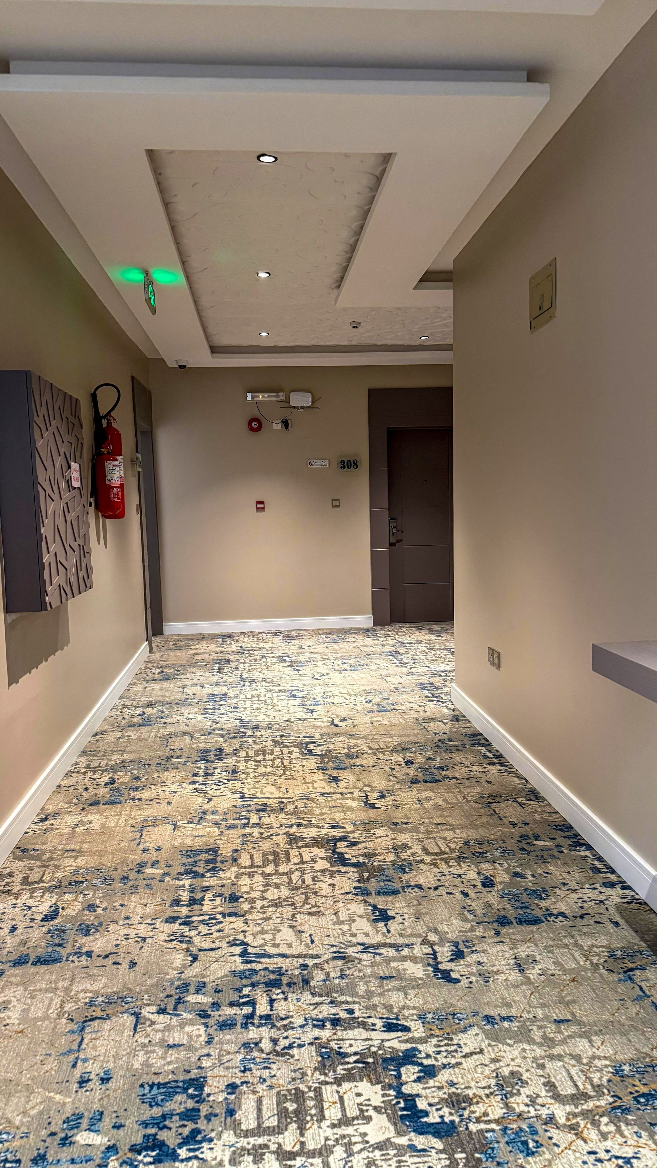Un pasillo con alfombra estampada, un extintor y una puerta con el símbolo del número.