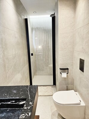 Hair dryer, towels, soap, toilet paper