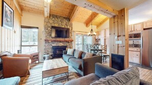 TV, fireplace - Chamonix #64 (3-Bedroom Condo) with Pool - Pets Allowed by RedAwning (Mammoth Lakes)