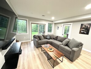 Smart TV, fireplace, books