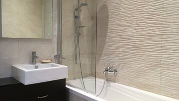 Hair dryer, bidet, towels, soap