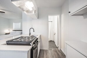 Superior-Apartment | Eigene Kochnische | Kühlschrank, Ofen, Herdplatte, Wasserkocher mit Kaffee-/Teezubehör