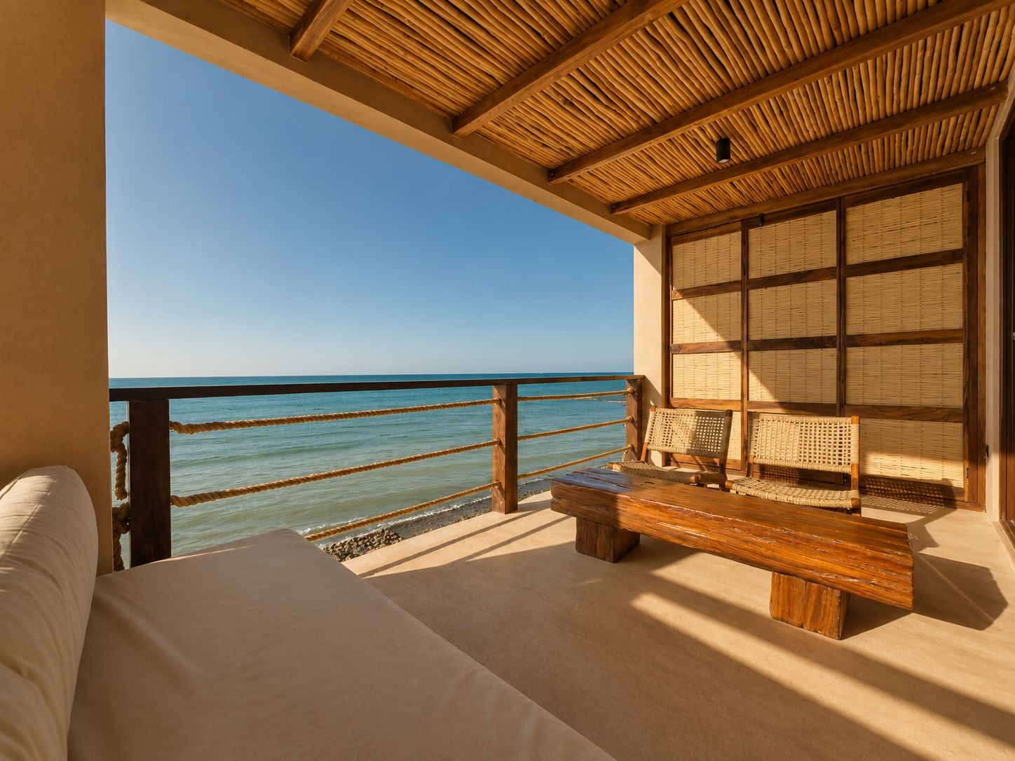 A balcony with a view of the sea, a wooden bench, and a woven chair.