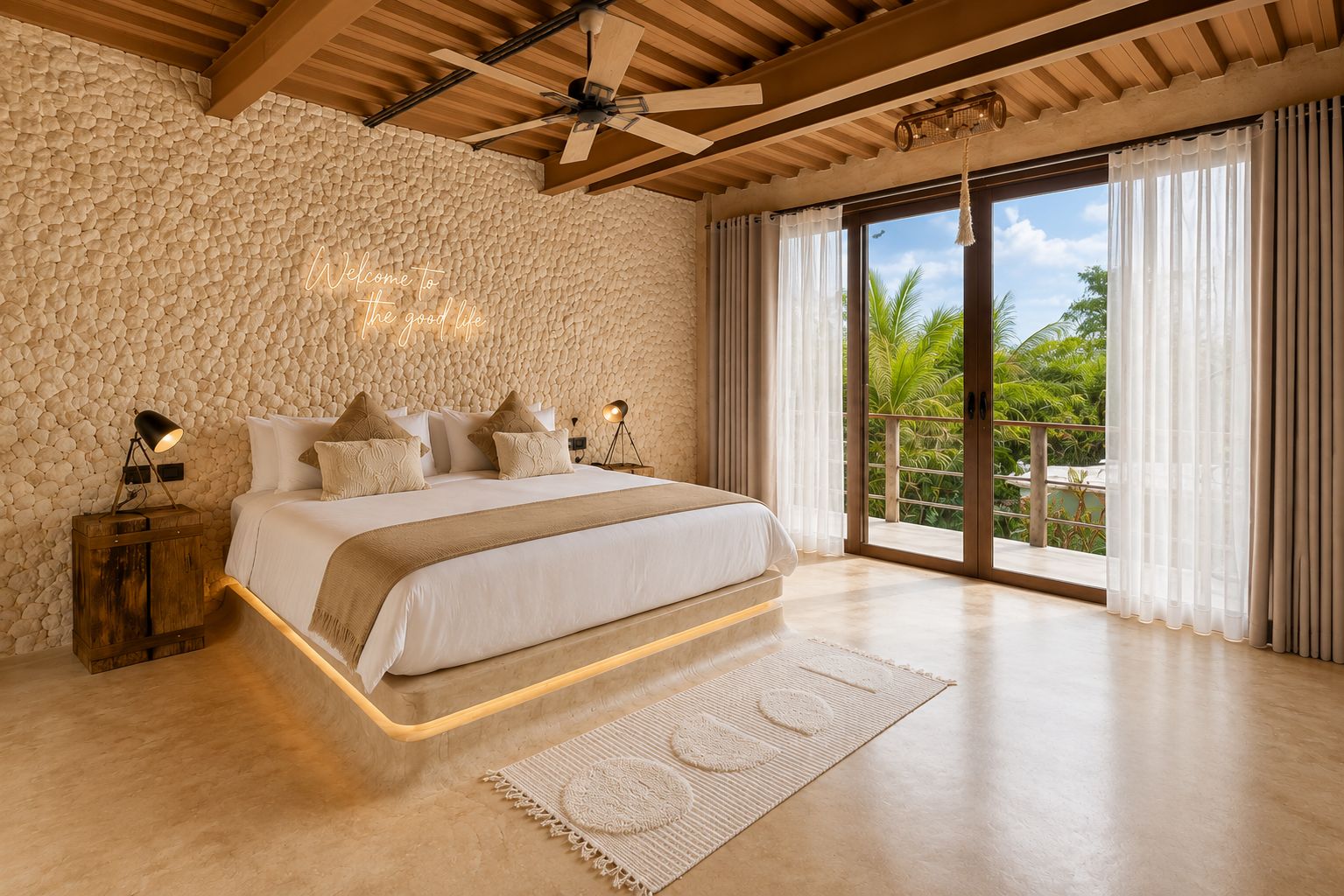 Un dormitorio con pared de piedra, cama con estructura de madera, ventilador de techo y vistas a zonas verdes a través de amplios ventanales.