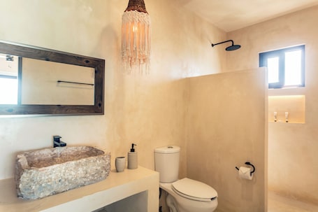 A bathroom with a stone sink, a toilet, a shower, and a mirror.