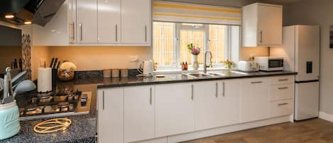 Fridge, dishwasher, electric kettle, toaster