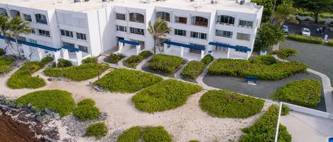 Un hotel de varios pisos con jardín en la azotea y zona de estacionamiento.