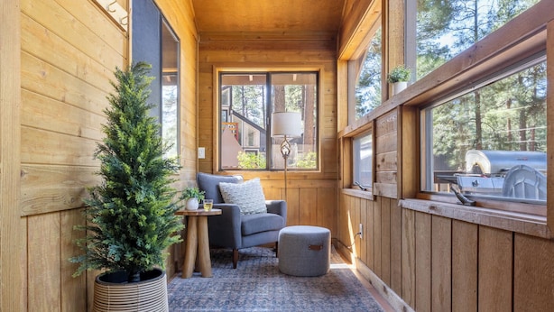 Interior d'una cabana de fusta amb una zona d'estadi còmoda, un arbre en test i grans finestres.