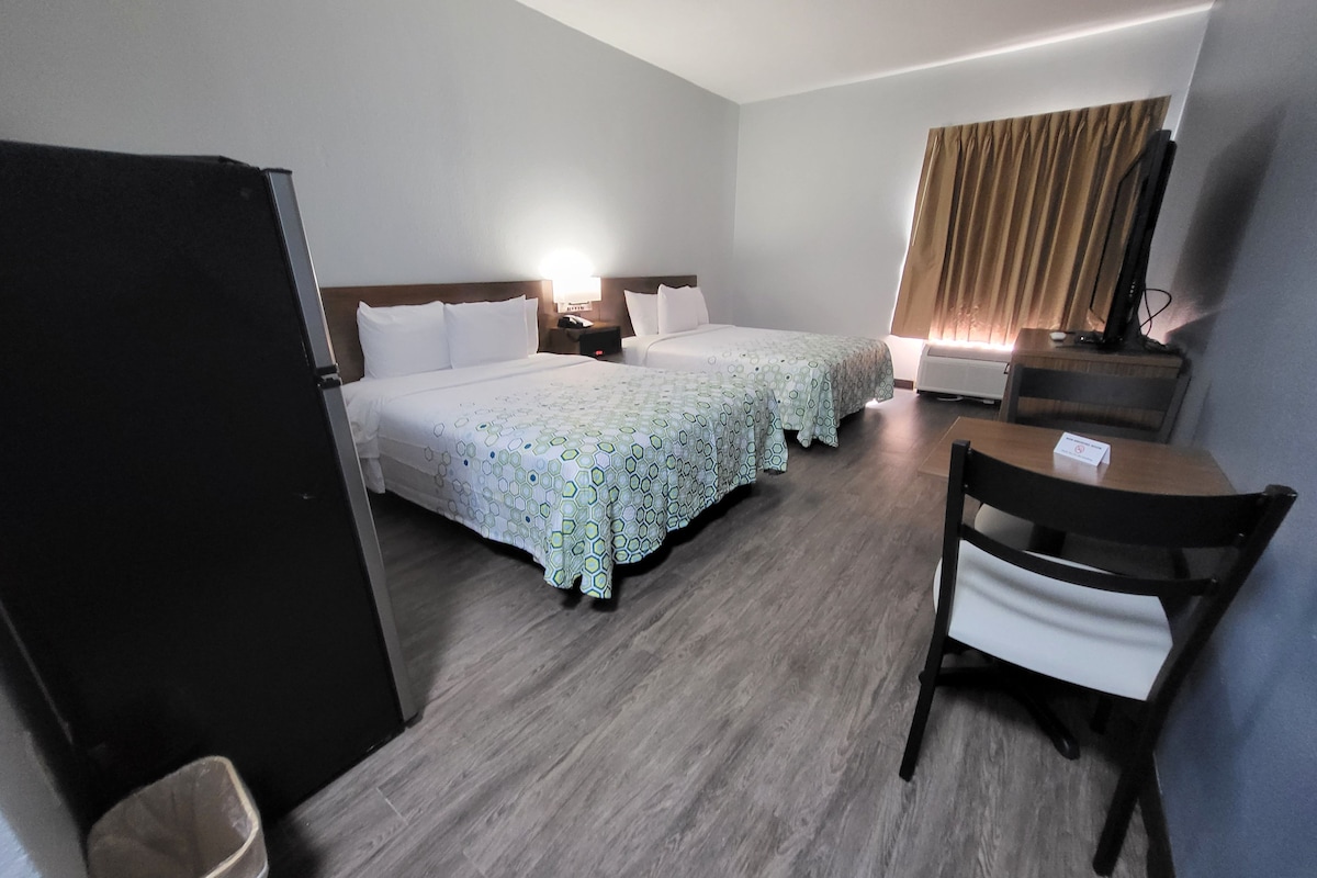 A hotel room with two beds, a desk, a chair, a TV, and a waste bin.