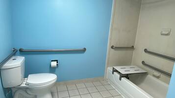A bathroom with a toilet, a shower, and a grab bar.