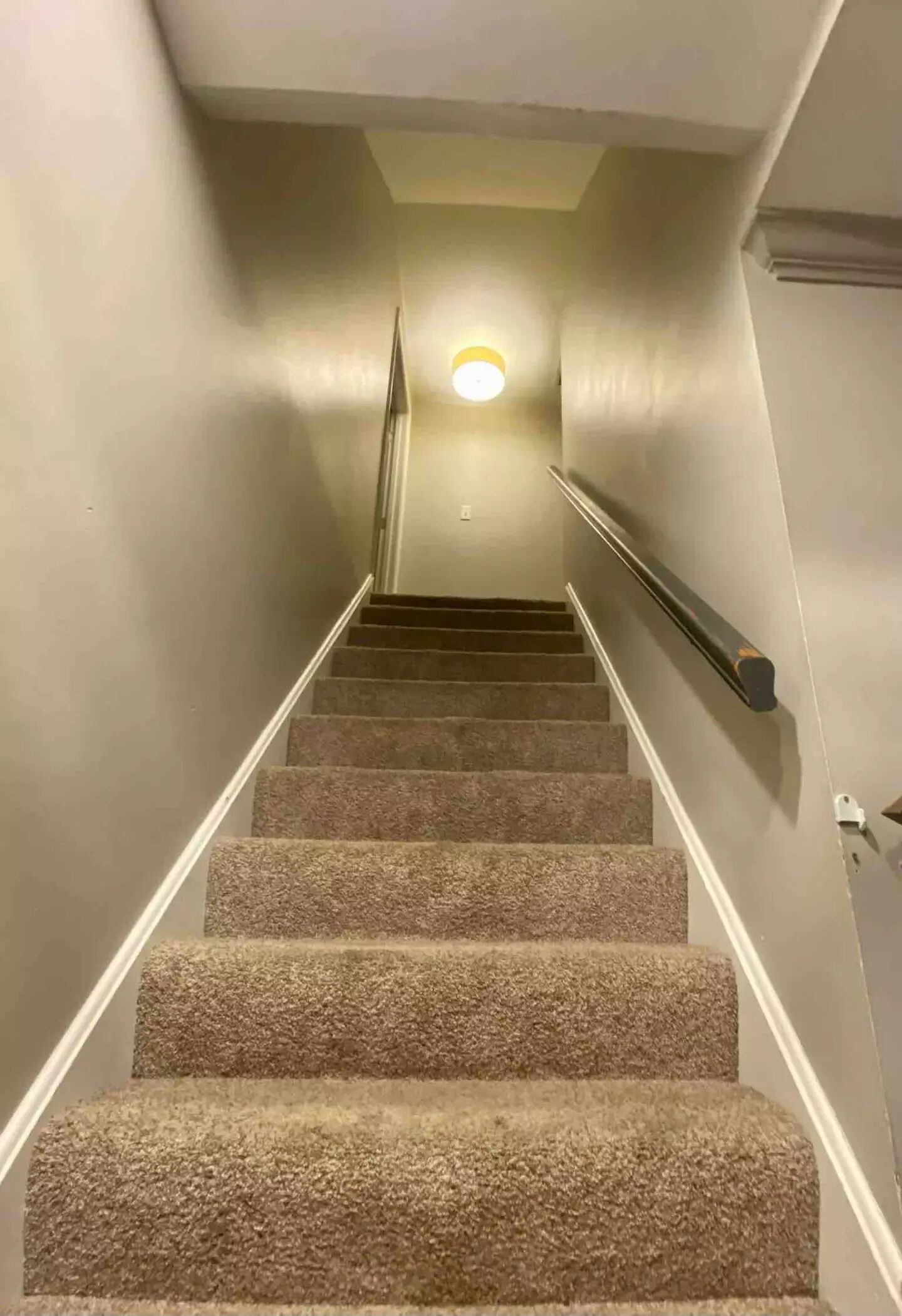 Una escalera alfombrada con barandilla que conduce a un rellano con una lámpara.