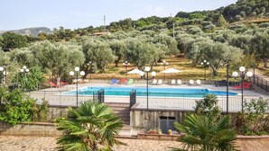 A swimming pool with lounge chairs and umbrellas, surrounded by olive trees and a hilly landscape. - Lovely home in Caronia (Caronia)