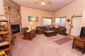 Smart TV, fireplace, books