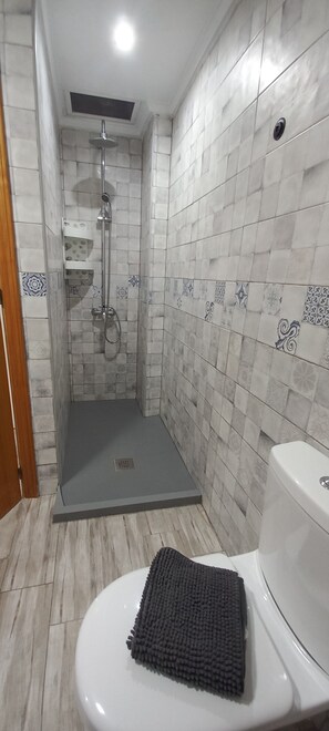 Ducha, secador de pelo, toallas y jabón