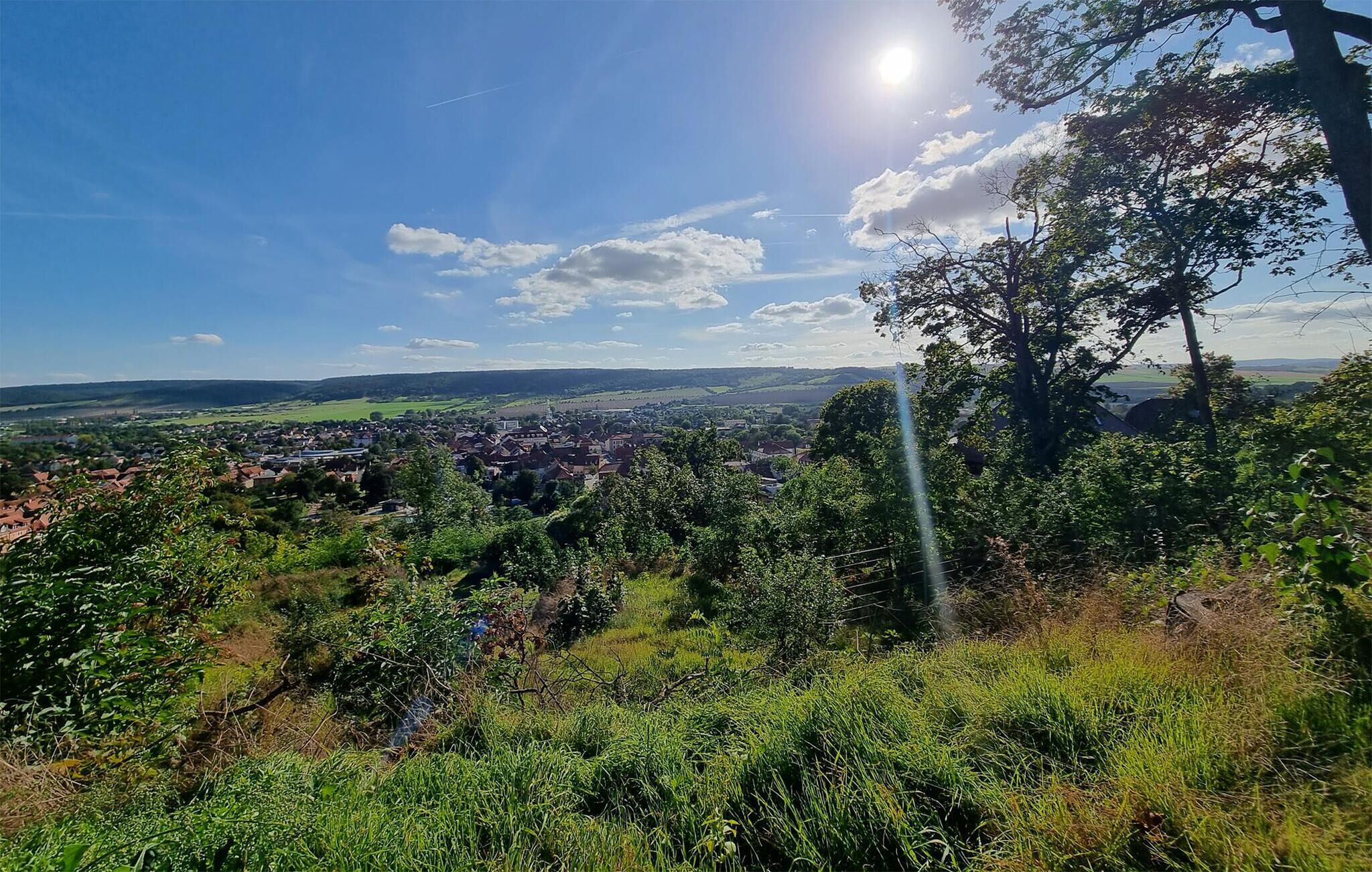 Un paysage rural avec une ville qui se dessine à l’horizon, entourée de verdure et d’arbres.