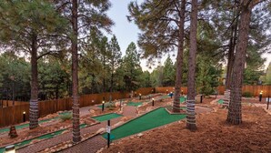 Ein Minigolfplatz mit Holzlattenzaun, grünem Kunikrasen und Kiefern.