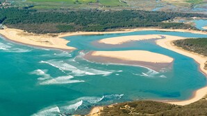 Vista aérea de uma área costeira com praias de areia, águas azul-claras e vegetação ao redor.