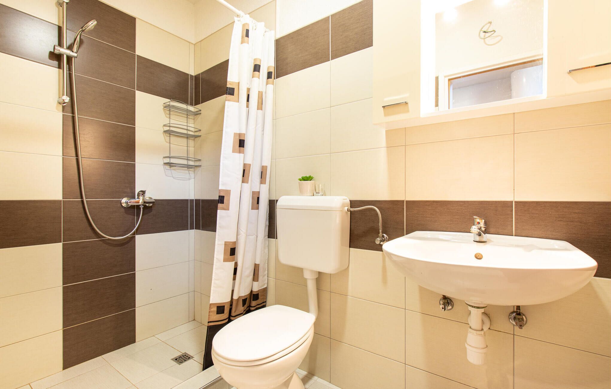 Een badkamer met douche, toilet en wastafel.