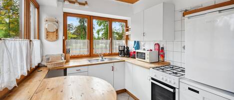 Fridge, stovetop, dishwasher, coffee/tea maker